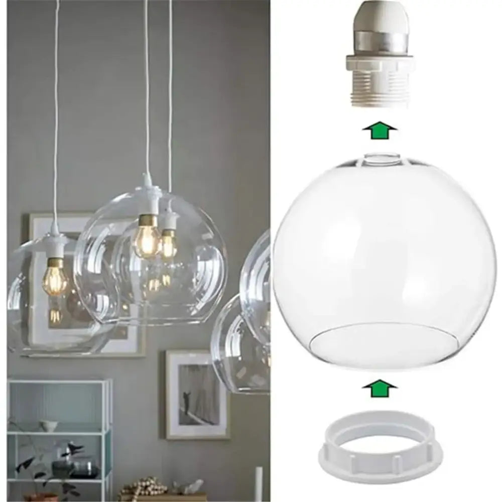 Clear glass globe pendant light fixture with white plastic mounting base and socket featuring 40mm collar rings adapter