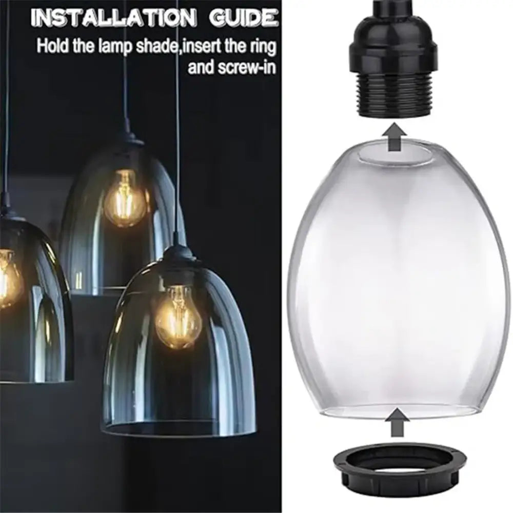 Clear glass pendant lamp shade with black metal mounting hardware and 40mm collar rings light socket kitchen adapter