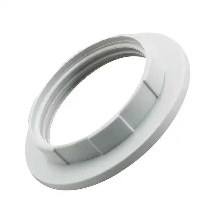White plastic light socket adapter with 40mm collar rings threaded interior and ridged outer edge for kitchen use