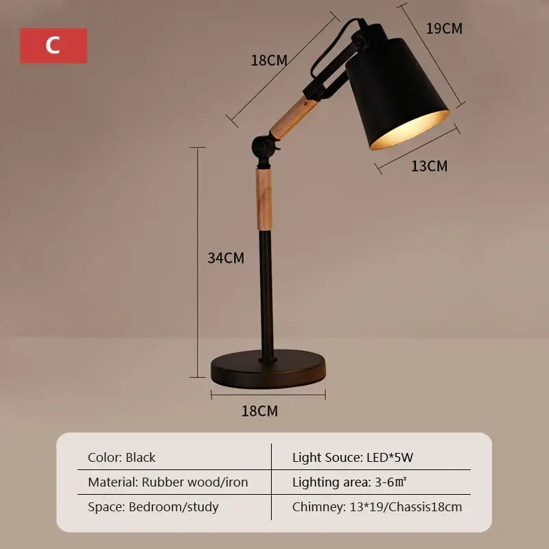 Black desk lamp with matte finish and adjustable wood arm in rubber wood and iron for bedroom study decorbites adjustable wood desk