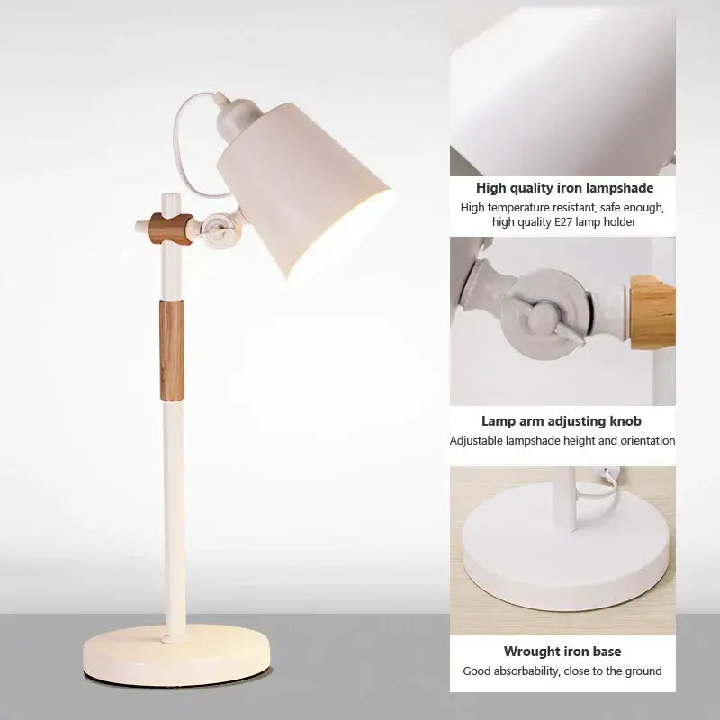 A black and white adjustable wood desk lamp with matte white iron shade and wooden accents for bedroom study decorbites adjustable wood desk