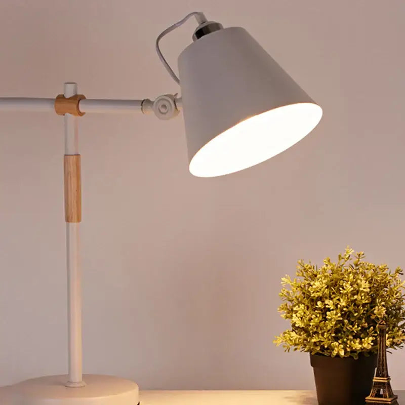 Modern white metal desk lamp with wooden accents and a conical shade decorbites adjustable wood desk lamp