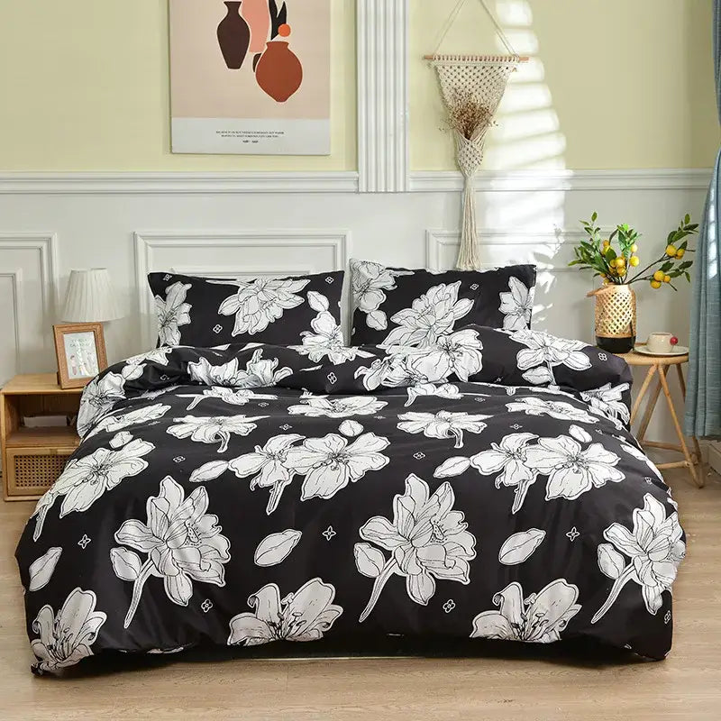 Black and white branch flower duvet cover set featuring bold white floral pattern on black fabric for bedroom decorbites branch flower