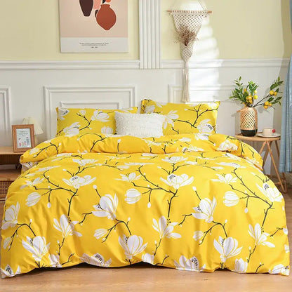 Bright yellow branch flower duvet cover set featuring white magnolia blossoms and black branches for bedroom decorbites branch flower