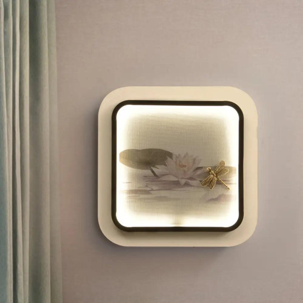 Black & White Chinese LED Wall Light with Lotus & Dragonfly Pattern - Square Metal Fixture
