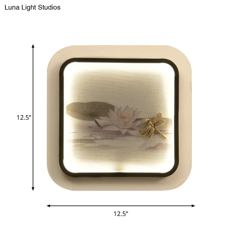 Black & White Chinese LED Wall Light with Lotus & Dragonfly Pattern - Square Metal Fixture