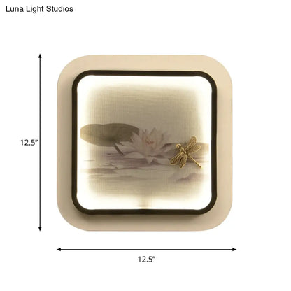 Black & White Chinese LED Wall Light with Lotus & Dragonfly Pattern - Square Metal Fixture