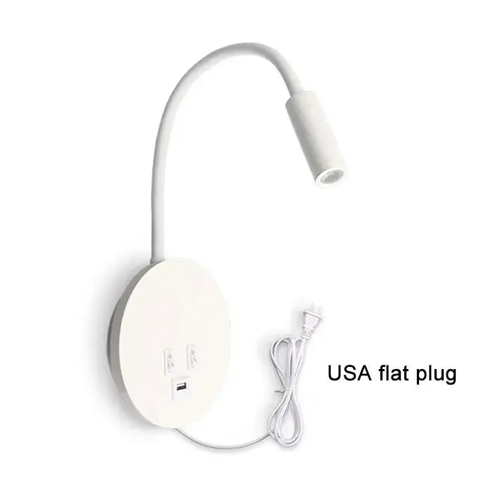 White wall sconce with black decorbites corded gooseneck arm and usb ports for bedroom lighting and charging