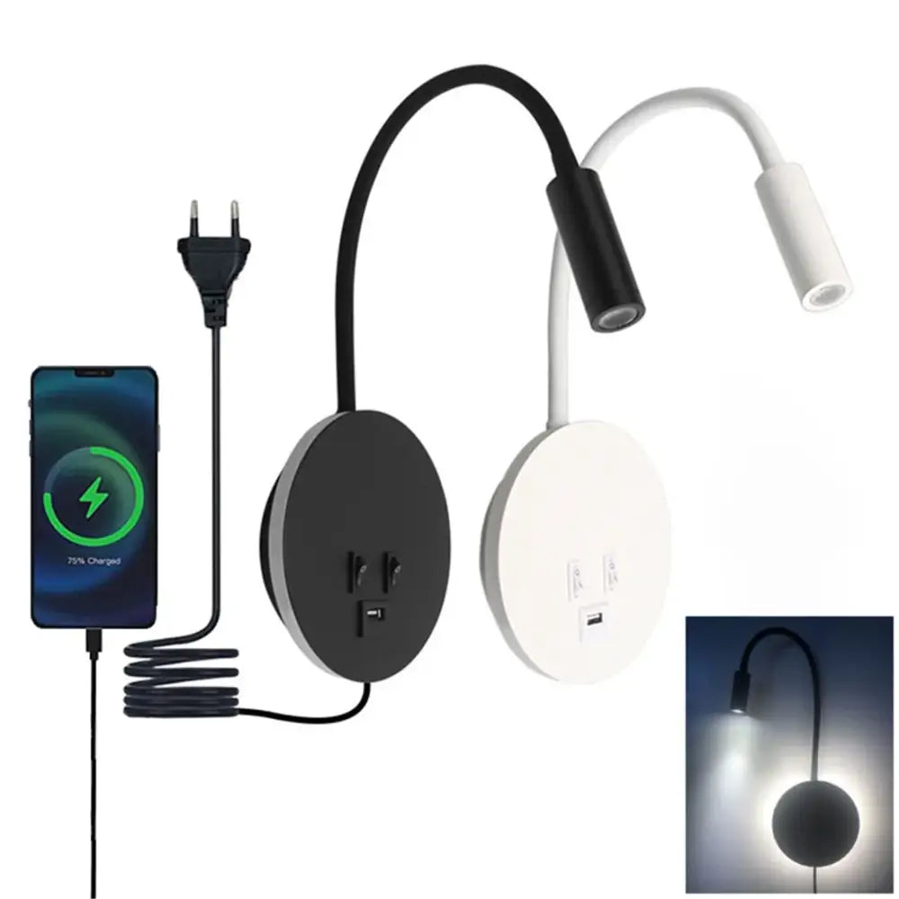 Black and white corded gooseneck wall sconce with usb port and integrated power outlets for charging devices on circular base