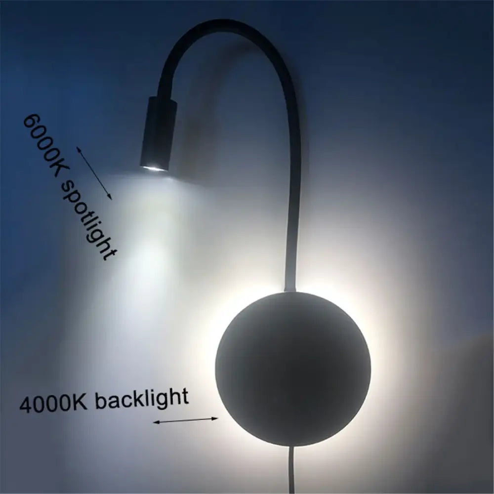 Black flexible decorbites corded gooseneck wall sconce with 4000k backlight and detachable 6000k spotlight for bedroom decor