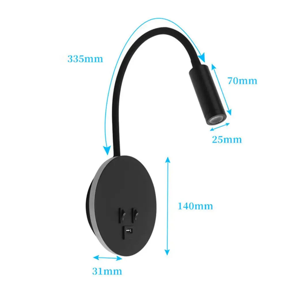 Black flexible corded gooseneck wall sconce with circular base and adjustable head by decorbites for bedroom use with usb port