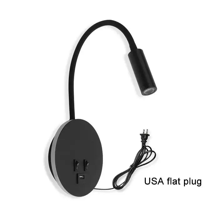 Black flexible corded gooseneck wall sconce with circular base featuring two outlets and usb port by decorbites