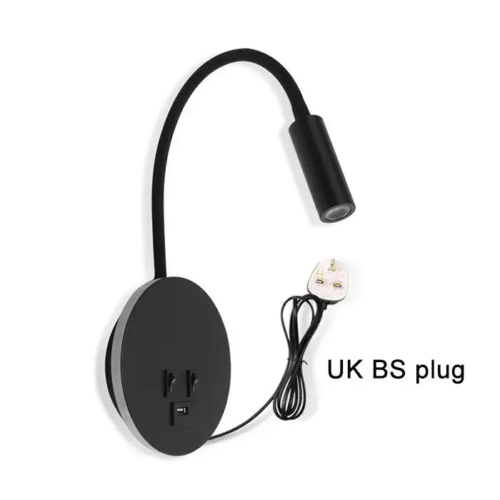 Black flexible-arm corded gooseneck wall sconce with usb port and UK BS plug by Decorbites for bedroom lighting decor