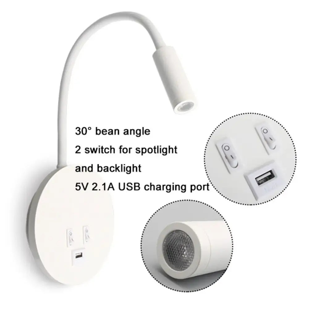 White flexible decorbites corded gooseneck wall sconce with circular base usb port and two switches for bedroom light