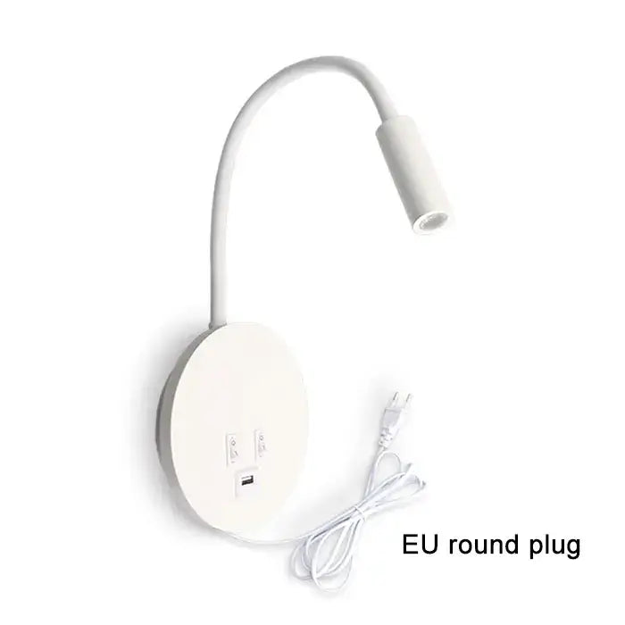 White wall sconce with flexible corded gooseneck arm and circular base featuring usb ports by decorbites corded gooseneck wall