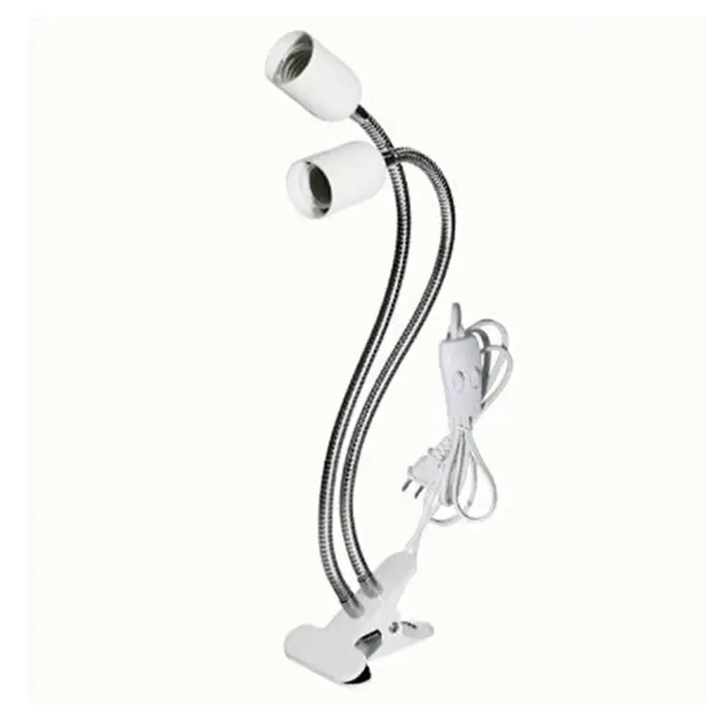 White decorbites clip-on desk light with two flexible gooseneck arms for bed headboard lighting and decor
