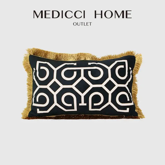 Black rectangular pillow cover with white geometric embroidery and gold fringe trim by medicci home outlet for living room decorbites geometric fringed lumbar pillow