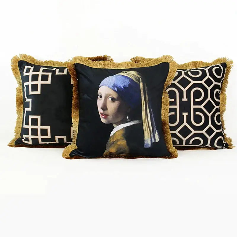 Black pillow cover with girl with pearl earring portrait and gold fringe decorbites geometric fringed lumbar design