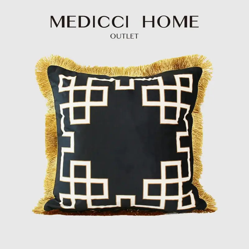 Black velvet pillow cover with cream geometric embroidery and gold fringe trim branded as medicci home outlet decorbites geometric fringed lumbar pillow cover