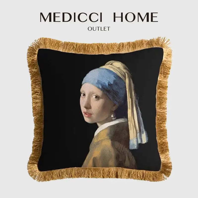 Black & white geometric fringed lumbar pillow cover featuring Vermeers girl with pearl earring print and golden fringe decorbites pillow cover