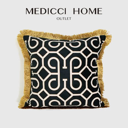 Black and white geometric fringed lumbar pillow cover with gold trim for living room decorbites pillow cover decor