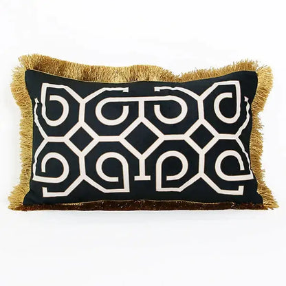 Black rectangular pillow cover with white geometric embroidery and gold fringe trim for decorbites geometric fringed lumbar decor