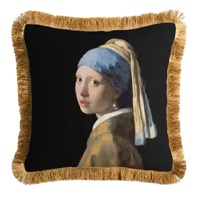 Black cushion pillow cover featuring woven vermeer girl with pearl earring framed by golden fringe for decorbites geometric fringed lumbar decor