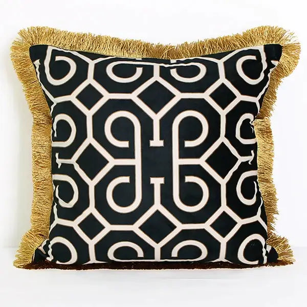 Black and cream decorbites geometric fringed lumbar pillow cover with gold fringe for living room decor