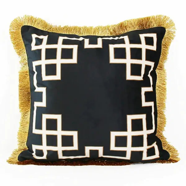 Black velvet pillow cover with white geometric embroidery and gold fringe for decorbites geometric fringed lumbar decor