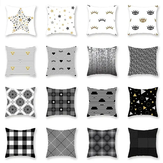 A collection of black white and gold geometric star stripe throw pillows with star stripe print patterns for bedroom decor