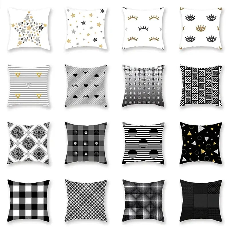 A collection of black white and gold geometric star stripe throw pillows with star stripe print patterns for bedroom decor