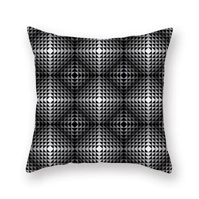 Square throw pillowcase featuring a bold black and white geometric star stripe print with interlocking triangles design
