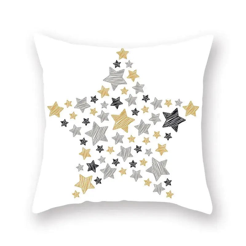 White throw pillow with geometric star stripe print in gold silver and black for bedroom decor