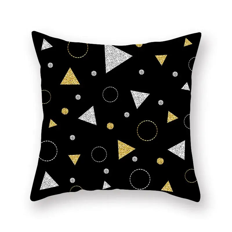 Black throw pillow with geometric star stripe glittery gold and silver triangles circles and dots for bedroom decor