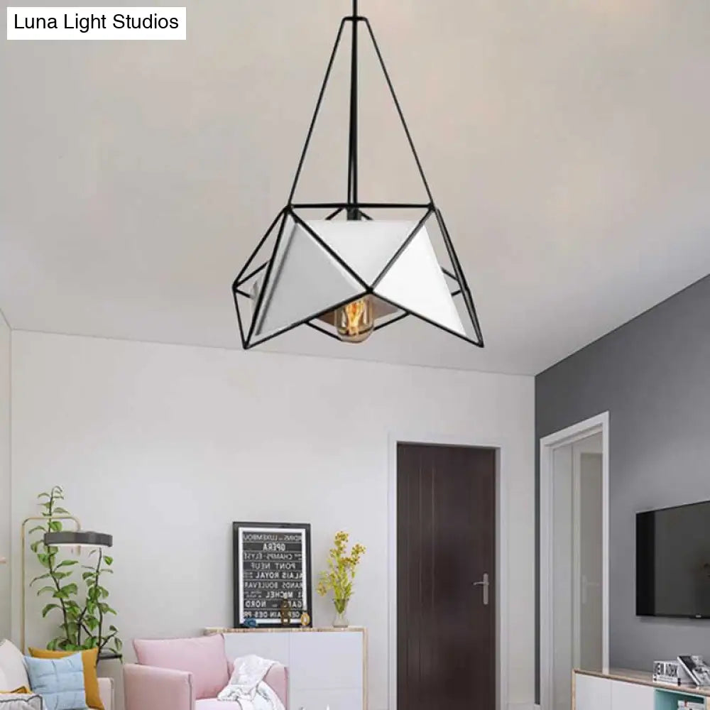 Black/White/Black Gold Polygon Hanging Lamp - Contemporary Design with Wire Cage Shade - 1-Light Pendant Light for Dining Room