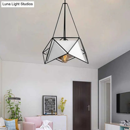 Black/White/Black Gold Polygon Hanging Lamp - Contemporary Design with Wire Cage Shade - 1-Light Pendant Light for Dining Room