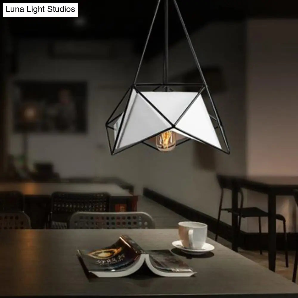 Black/White/Black Gold Polygon Hanging Lamp - Contemporary Design with Wire Cage Shade - 1-Light Pendant Light for Dining Room