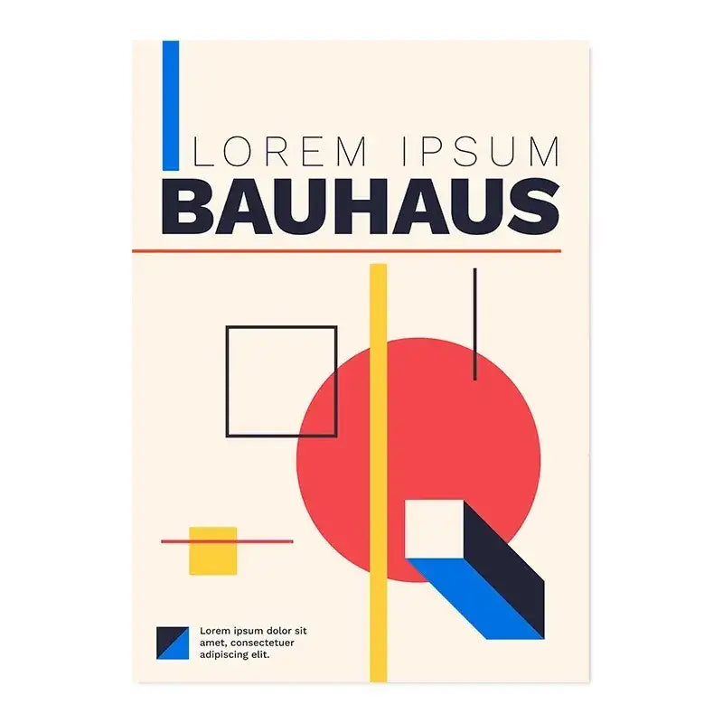 Beige DecorBites™ canvas print with bold black bauhaus text and colorful geometric shapes for white modernism home wall art