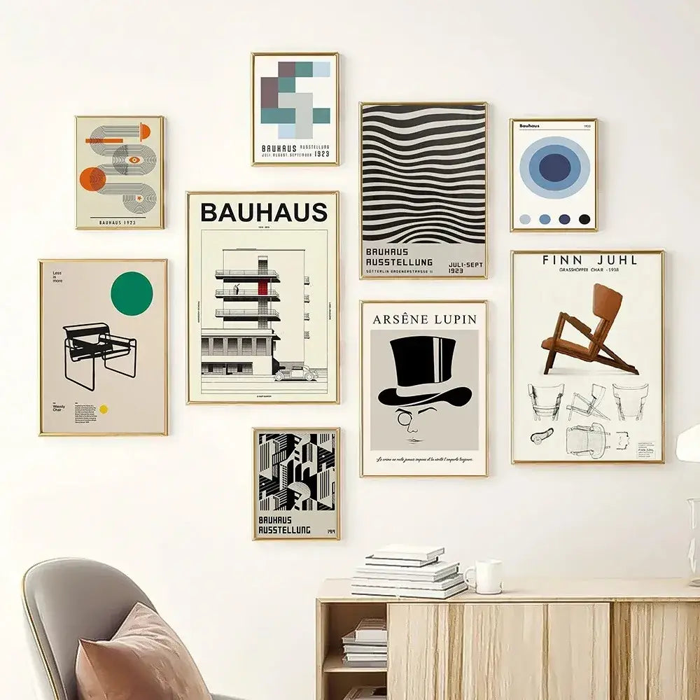 A collection of framed bauhaus canvas prints featuring white modernism in muted tones for home wall decor