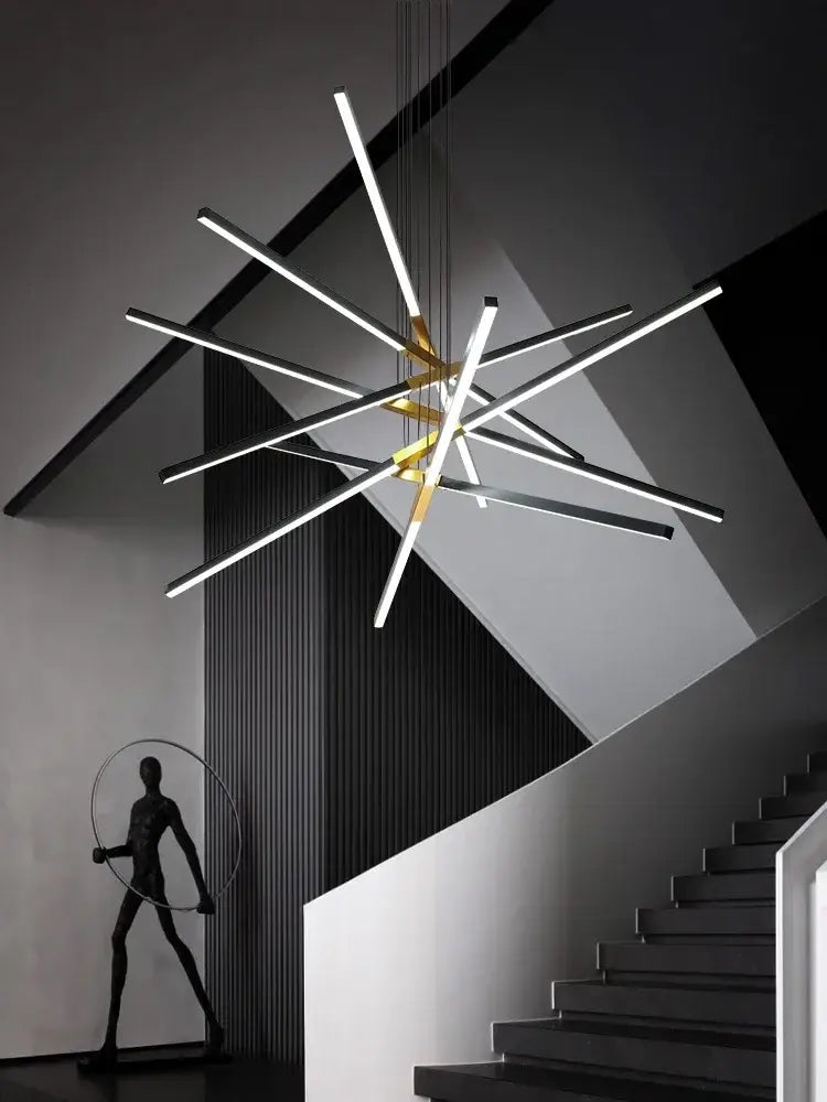 Modern geometric nordic minimalist chandelier with intersecting black and white led rods and gold fixture for living room decorbites black nordic