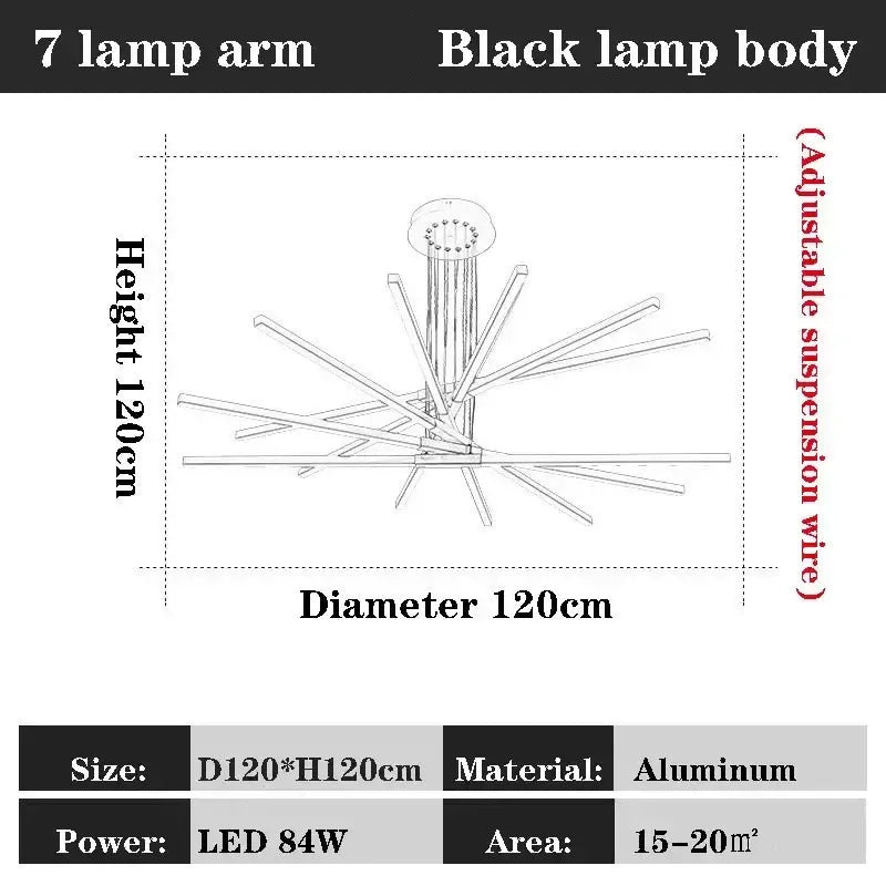 Black nordic minimalist chandelier with seven lamp arms and adjustable suspension wire for living room decorbites black nordic