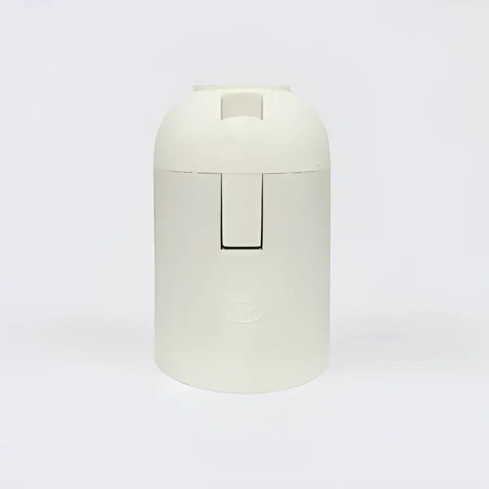 Cream-colored plastic lamp holder socket with rectangular latch and embossed logo for living room luminaire