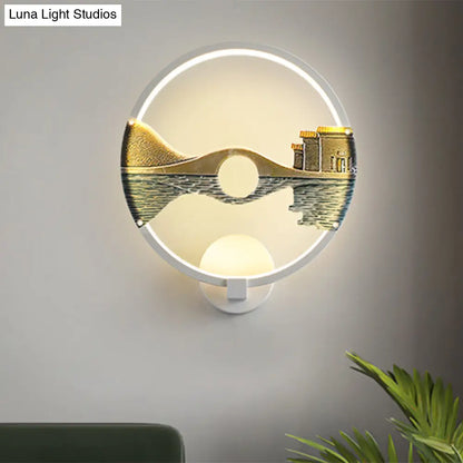 Black/White Round Bridge Wall Mural LED Acrylic Wall Light Fixture, Oriental Style