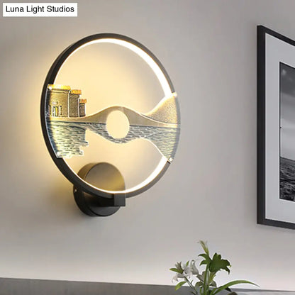 Black/White Round Bridge Wall Mural LED Acrylic Wall Light Fixture, Oriental Style