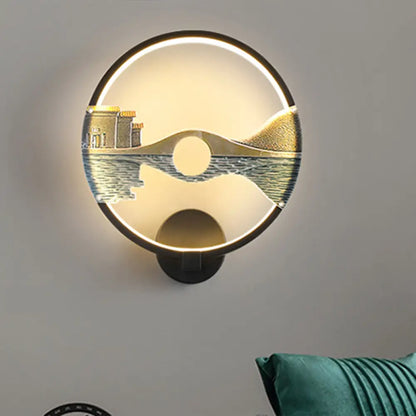 Black/White Round Bridge Wall Mural LED Acrylic Wall Light Fixture, Oriental Style