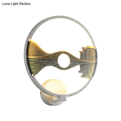 Black/White Round Bridge Wall Mural LED Acrylic Wall Light Fixture, Oriental Style