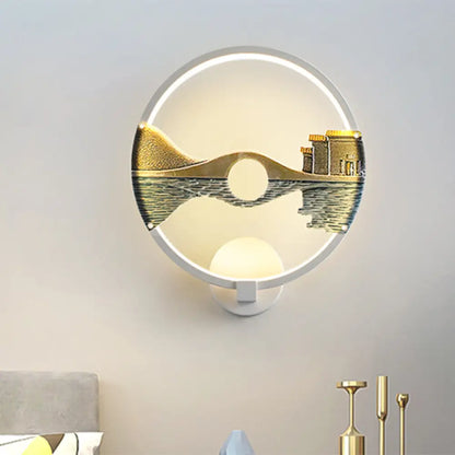 Black/White Round Bridge Wall Mural LED Acrylic Wall Light Fixture, Oriental Style