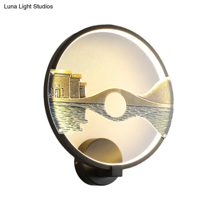 Black/White Round Bridge Wall Mural LED Acrylic Wall Light Fixture, Oriental Style
