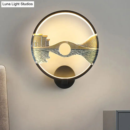 Black/White Round Bridge Wall Mural LED Acrylic Wall Light Fixture, Oriental Style