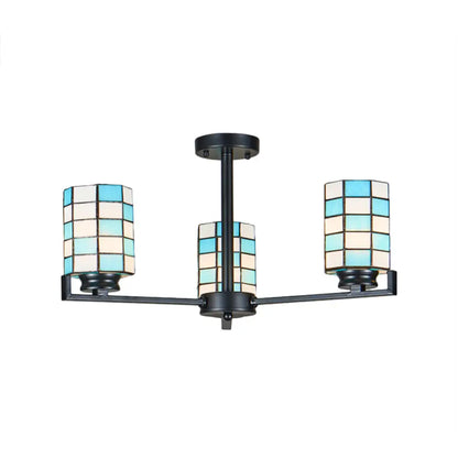 DecorBites™ DecorBites™ Black/White Stained Glass Semi Mount Cylinder Ceiling Light - 3/6/8 Lights - Baroque Style